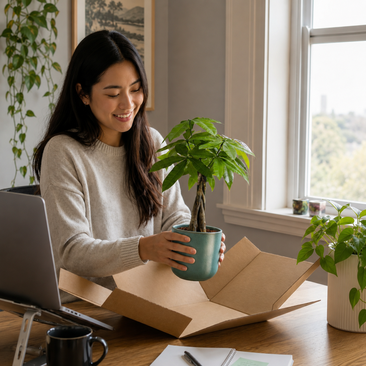 Person at a desk smiling while unboxing a money tree plant