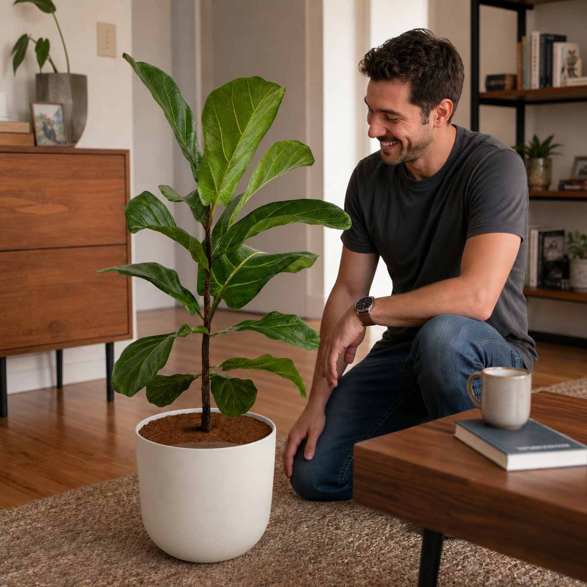 Person unboxing a tall fiddle leaf fig from an easyplant box at home