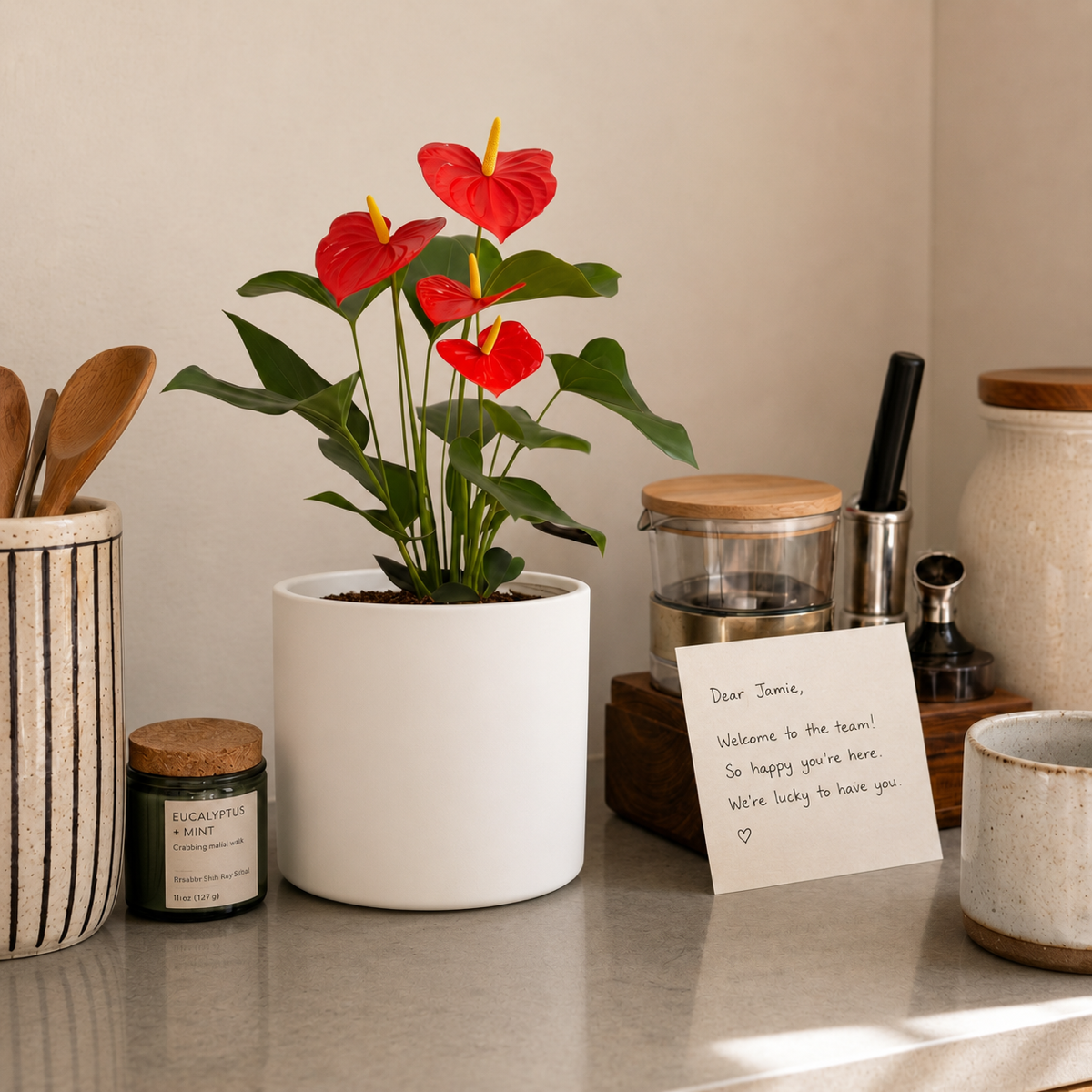 Red anthurium plant beside a 'Welcome to the team' card on a kitchen counter